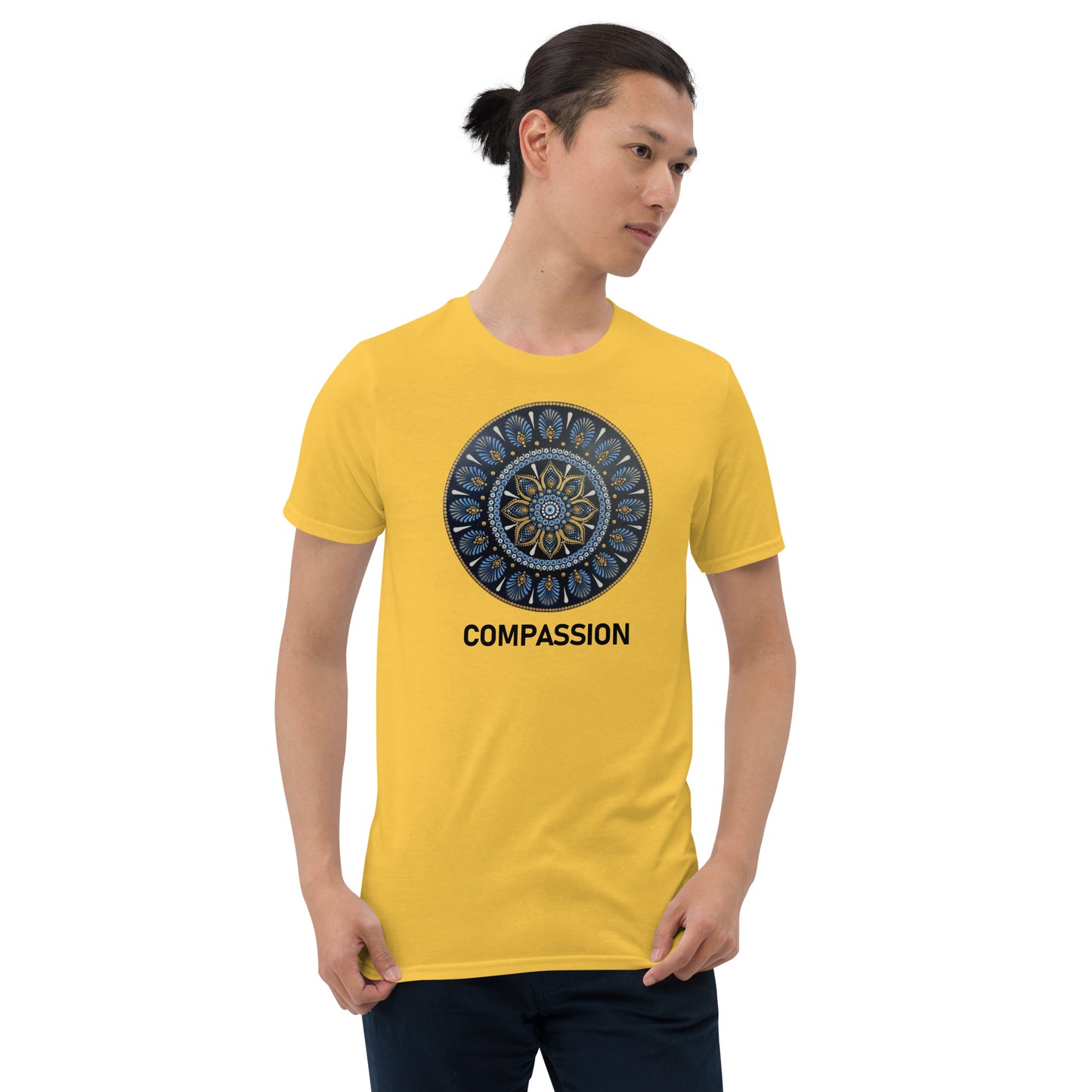 Unisex Softstyle T-Shirt (mandala with gold rim | on front | COMPASSION in black lettering)