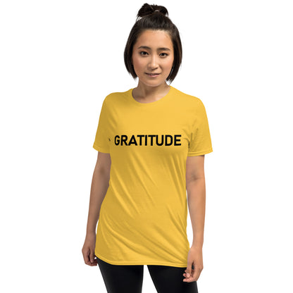 Unisex Softstyle T-Shirt (mandala green and gold rim on back | GRATITUDE in black lettering on front)