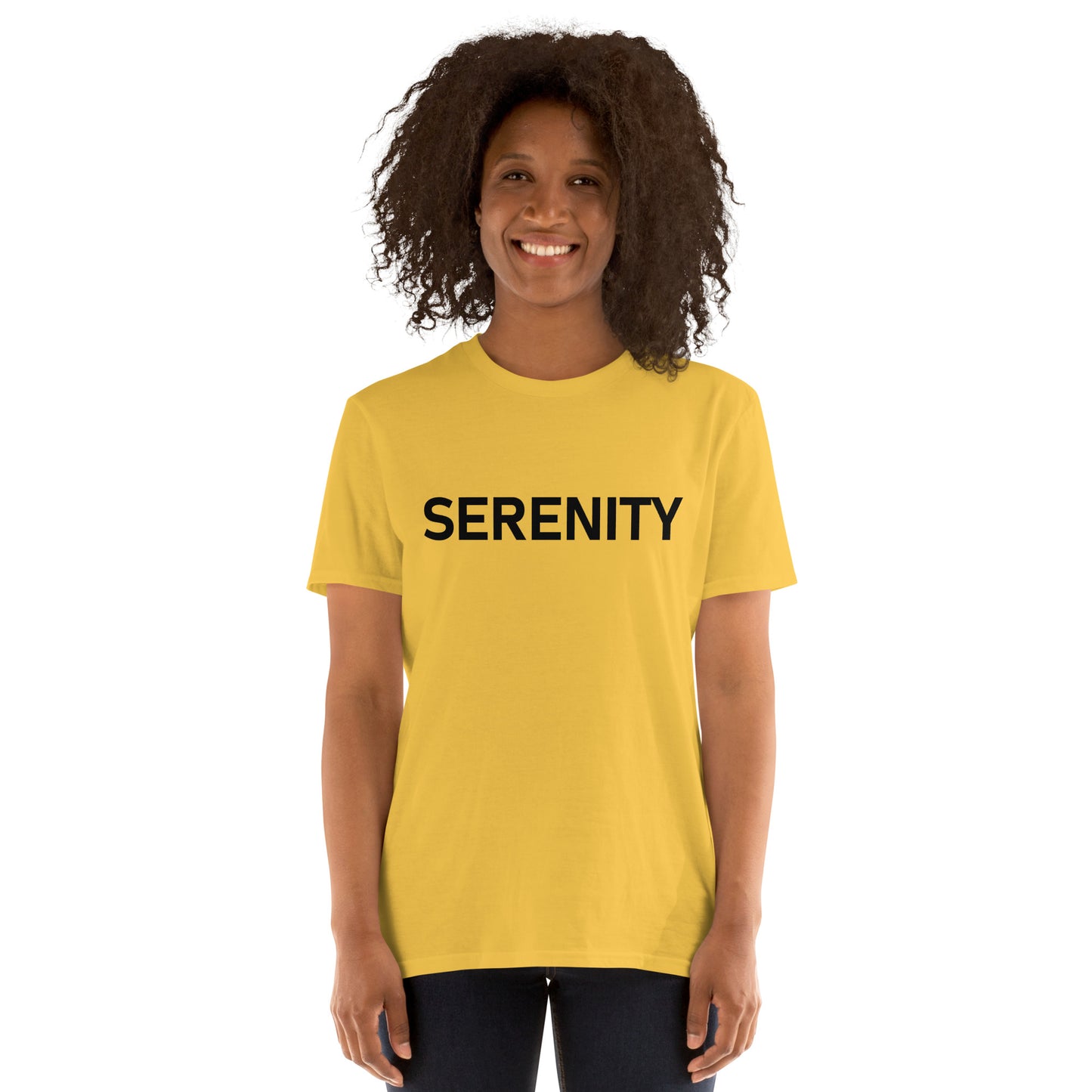 Unisex Softstyle T-Shirt (mandala with blue and white core on back | SERENITY in black lettering on front)