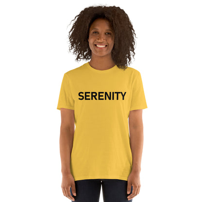 Unisex Softstyle T-Shirt (mandala with blue and white core on back | SERENITY in black lettering on front)