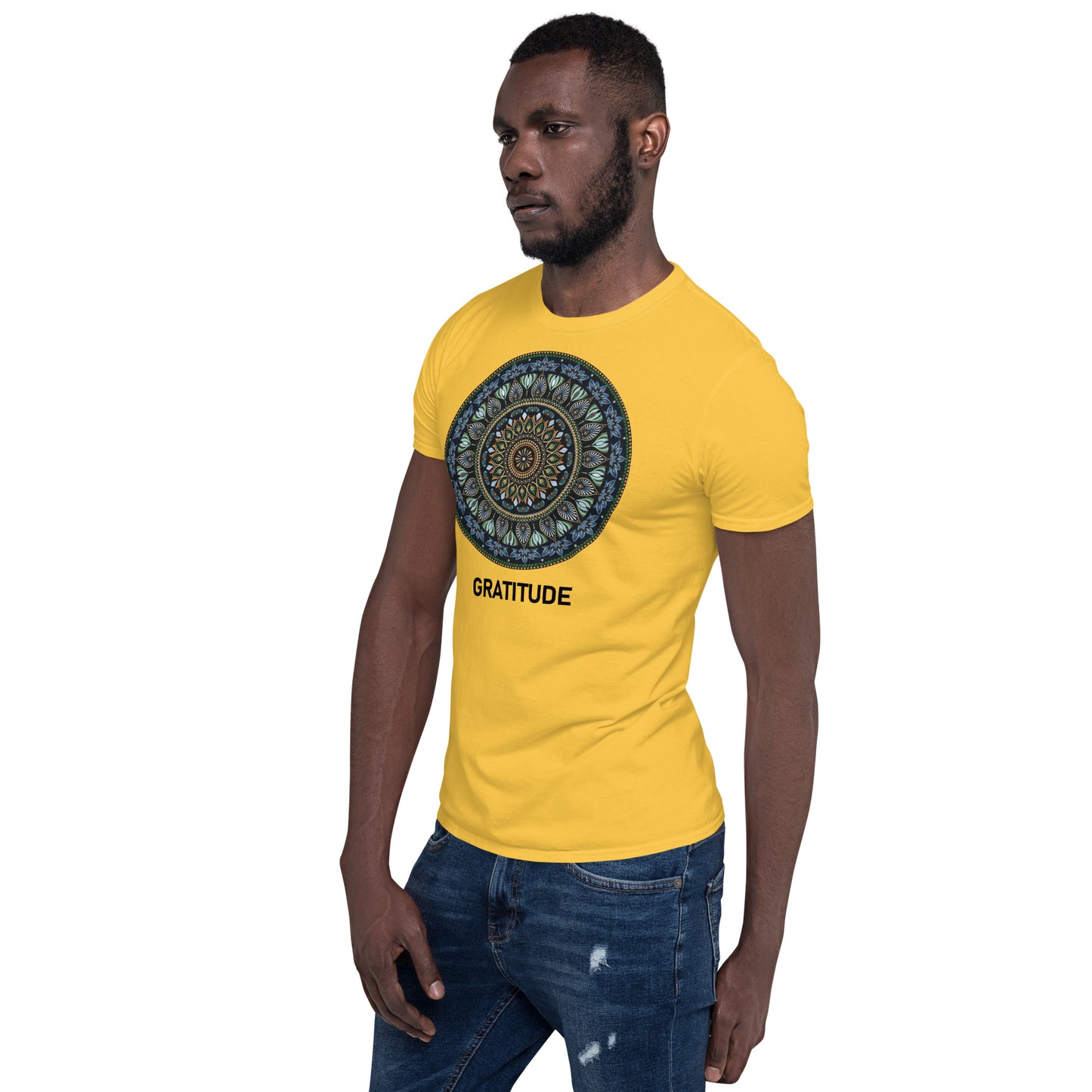 Unisex Softstyle T-Shirt (mandala green and gold rim | on front | GRATITUDE in black lettering)