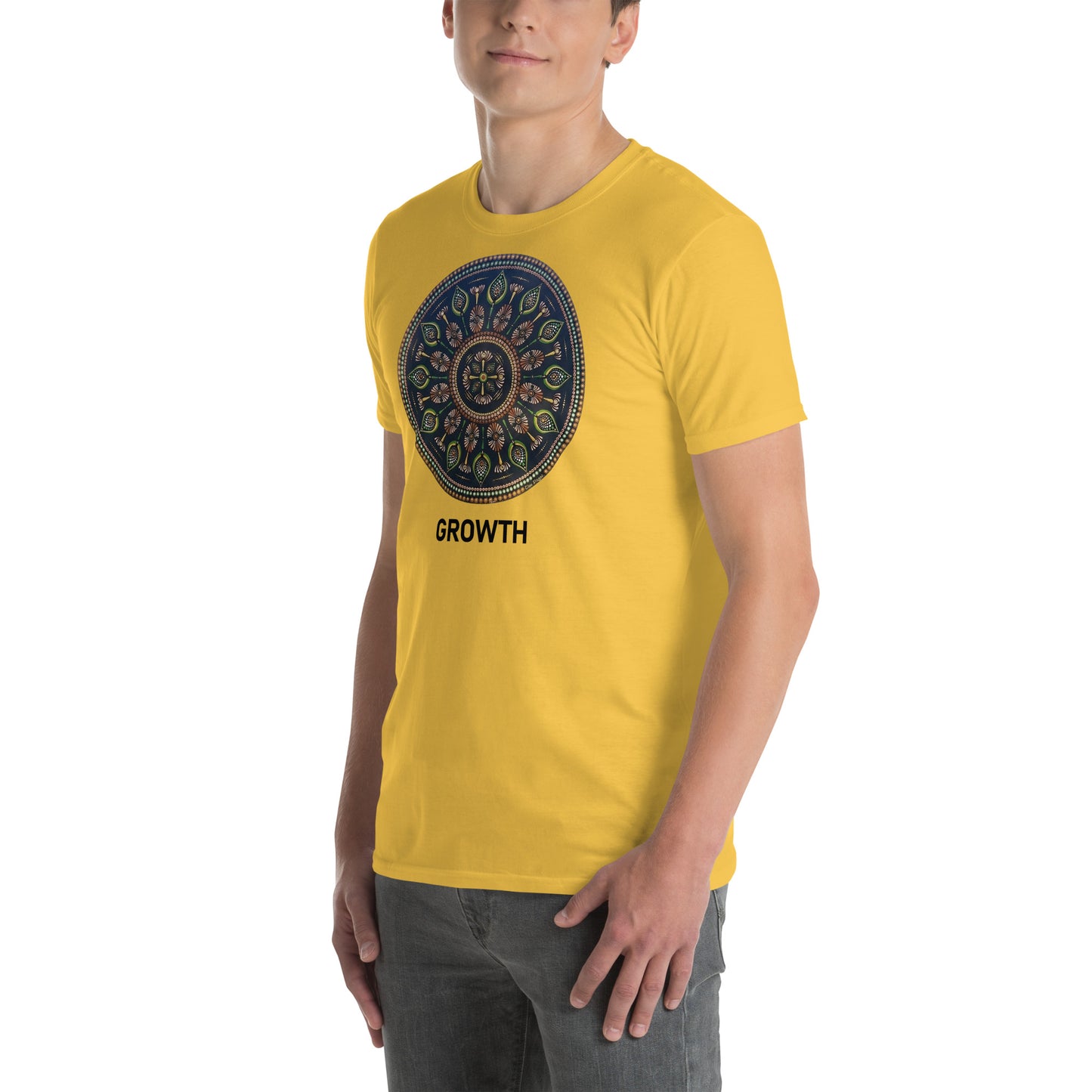 Unisex Softstyle T-Shirt (mandala with cross in the core | on front | GROWTH in black lettering)