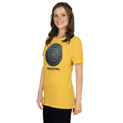 Unisex Softstyle T-Shirt (mandala with gold outer rim | on front | PROTECTION in black lettering)