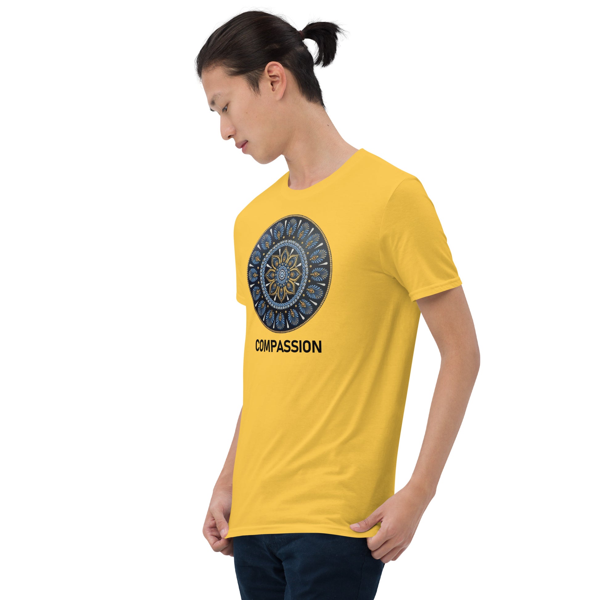 Unisex Softstyle T-Shirt (mandala with gold rim | on front | COMPASSION in black lettering)