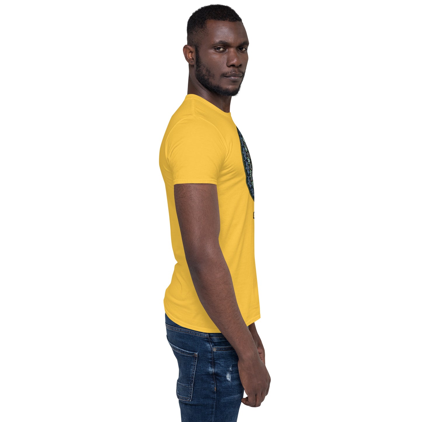 Unisex Softstyle T-Shirt (mandala green and gold rim | on front | GRATITUDE in black lettering)