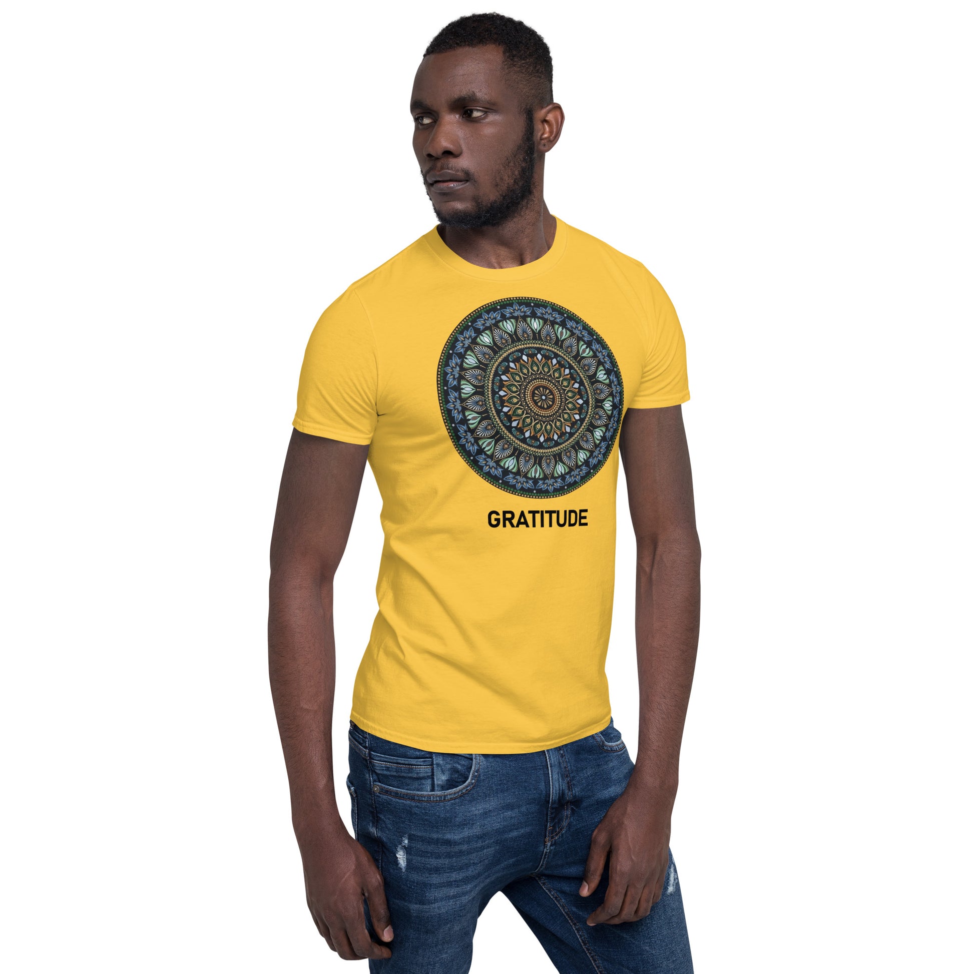 Unisex Softstyle T-Shirt (mandala green and gold rim | on front | GRATITUDE in black lettering)