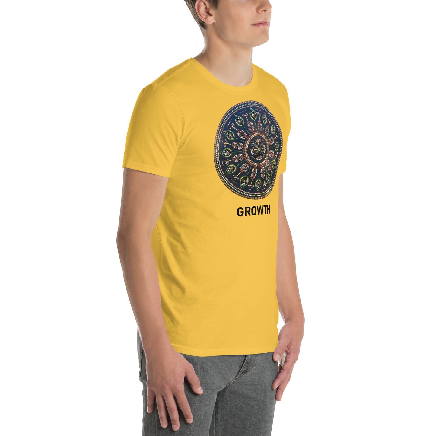 Unisex Softstyle T-Shirt (mandala with cross in the core | on front | GROWTH in black lettering)