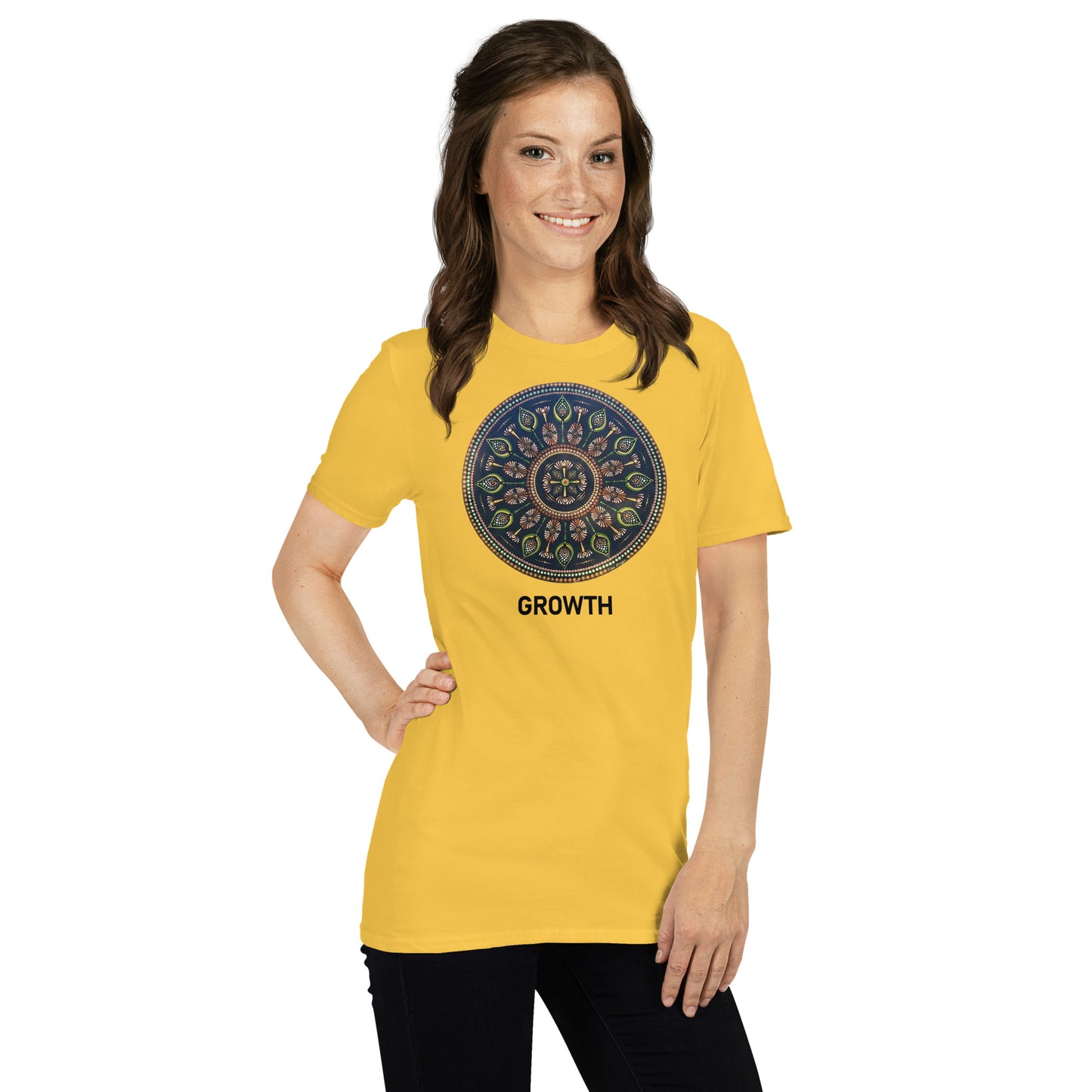 Unisex Softstyle T-Shirt (mandala with cross in the core | on front | GROWTH in black lettering)