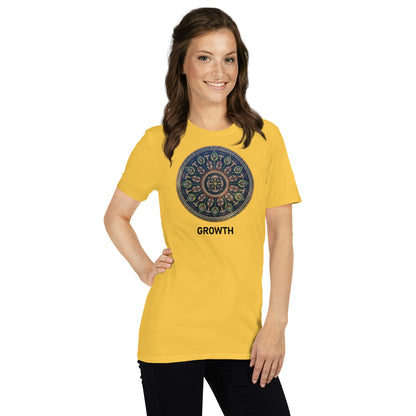 Unisex Softstyle T-Shirt (mandala with cross in the core | on front | GROWTH in black lettering)