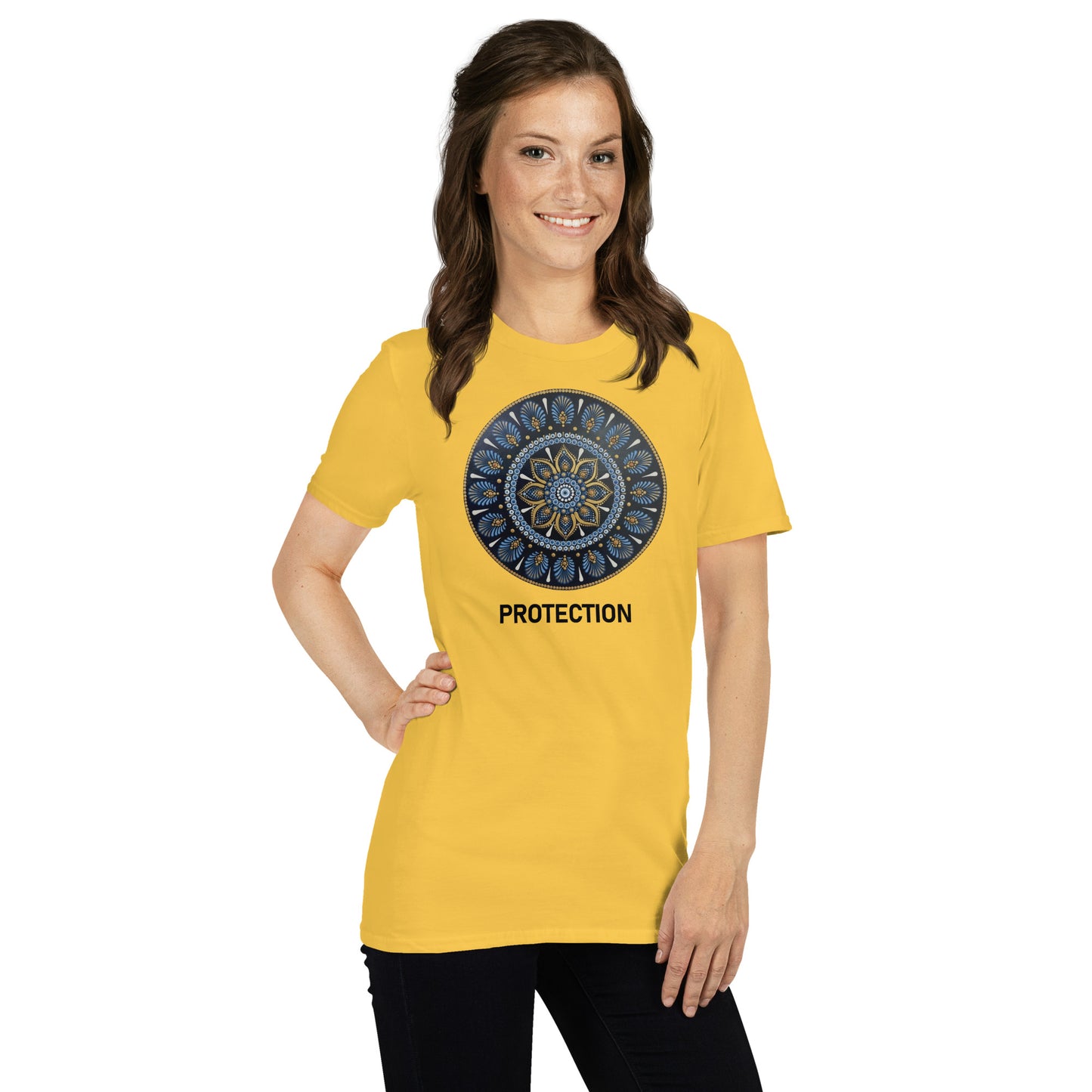 Unisex Softstyle T-Shirt (mandala with gold outer rim | on front | PROTECTION in black lettering)
