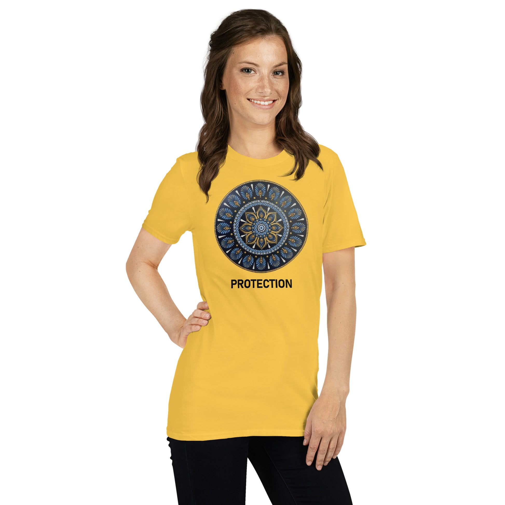 Unisex Softstyle T-Shirt (mandala with gold outer rim | on front | PROTECTION in black lettering)