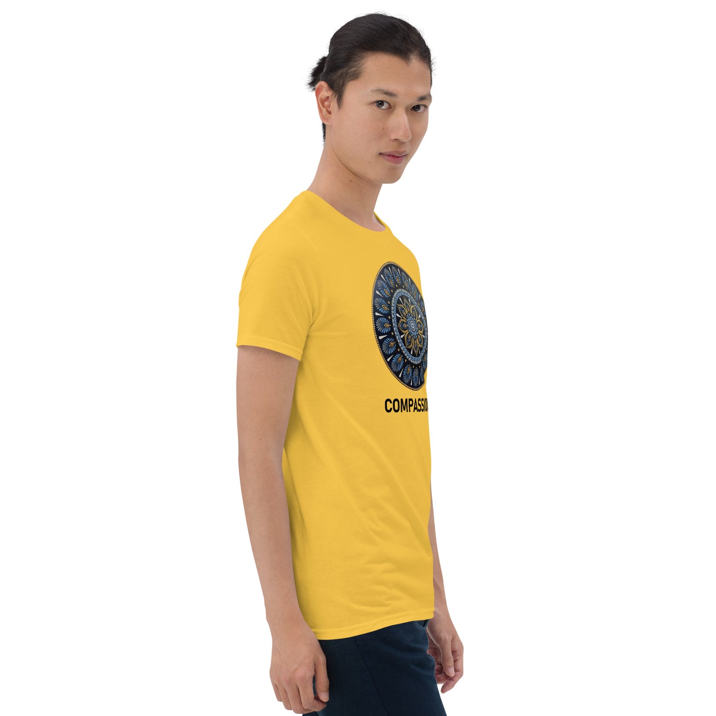 Unisex Softstyle T-Shirt (mandala with gold rim | on front | COMPASSION in black lettering)