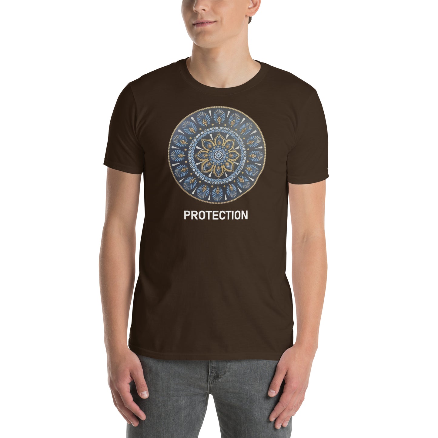Unisex Softstyle T-Shirt (mandala with gold rim on front | PROTECTION in white lettering)