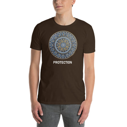 Unisex Softstyle T-Shirt (mandala with gold rim on front | PROTECTION in white lettering)