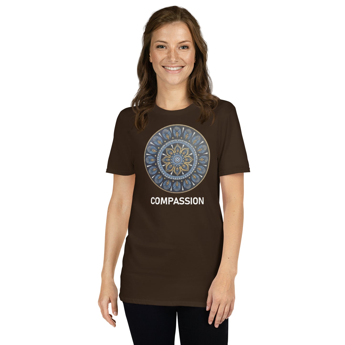 Unisex Softstyle T-Shirt (mandala with gold rim on front | COMPASSION in white lettering)