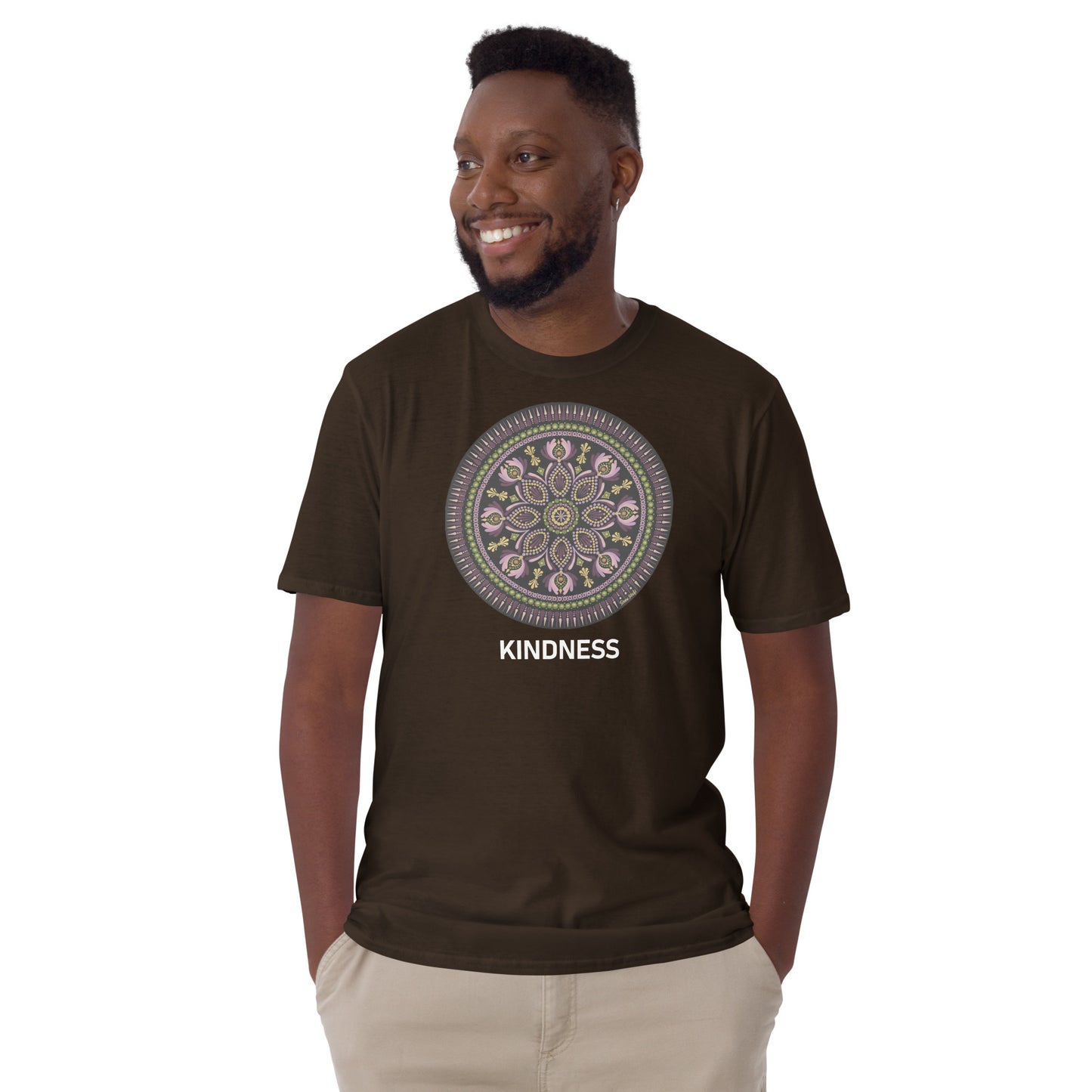 Unisex Softstyle T-Shirt (mandala with magenta rim on front | KINDNESS in white lettering)