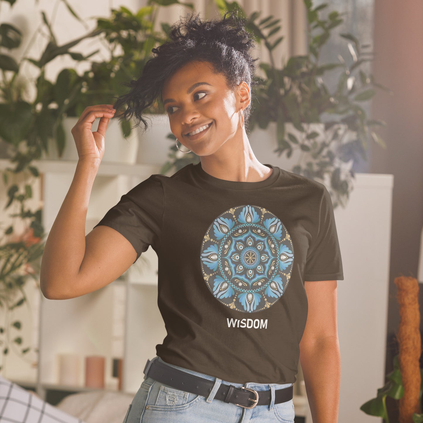 Unisex Softstyle T-Shirt (mandala with spokes in core on front | WISDOM in white lettering)