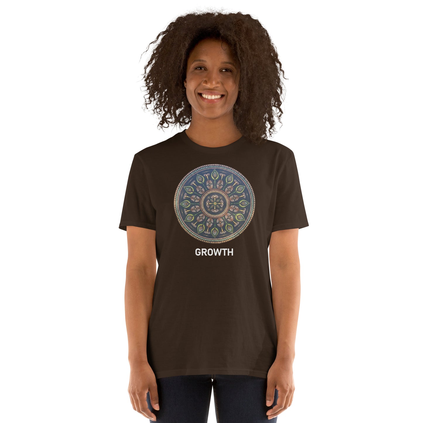 Unisex Softstyle T-Shirt (mandala with cross at the core on front | GROWTH in white lettering)