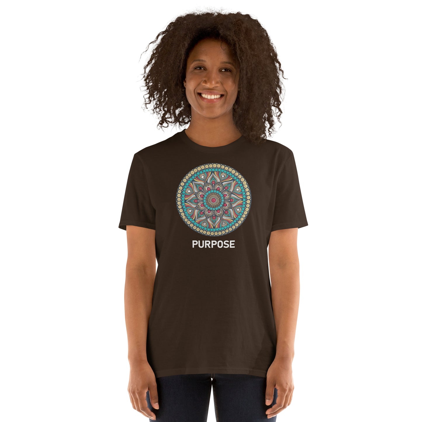 Unisex Softstyle T-Shirt (mandala with red core on front | PURPOSE in white lettering)