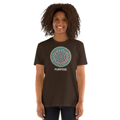 Unisex Softstyle T-Shirt (mandala with red core on front | PURPOSE in white lettering)