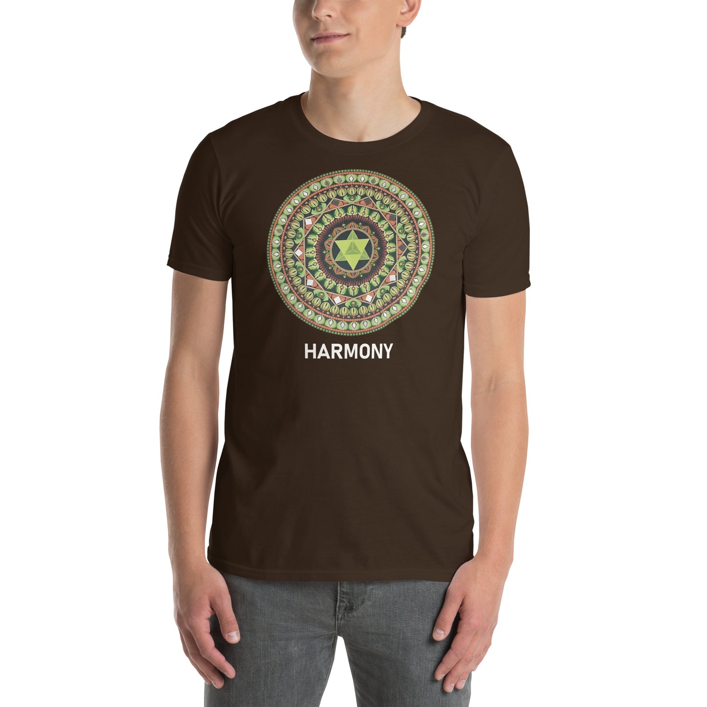Unisex Softstyle T-Shirt (mandala with green star | on front | HARMONY in white lettering)