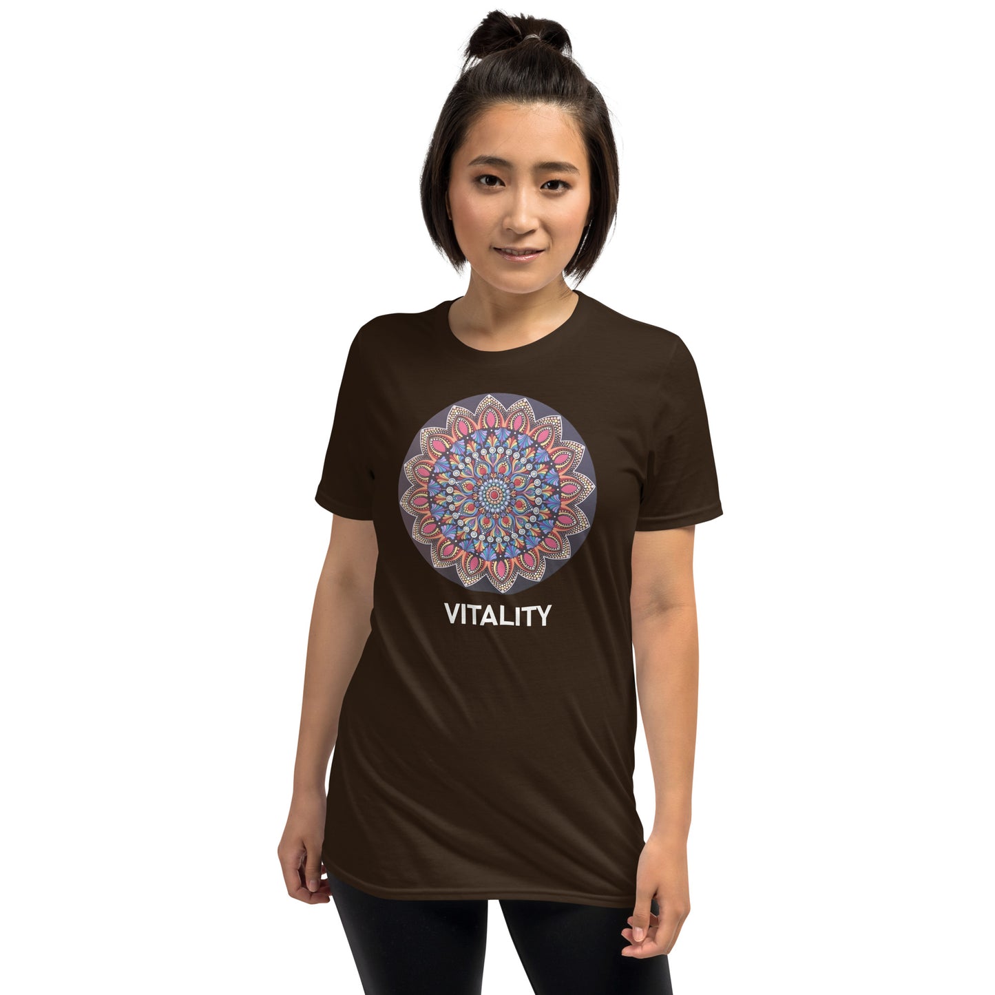 Unisex Softstyle T-Shirt (mandala with pink petals | on front | VITALITY in white lettering)