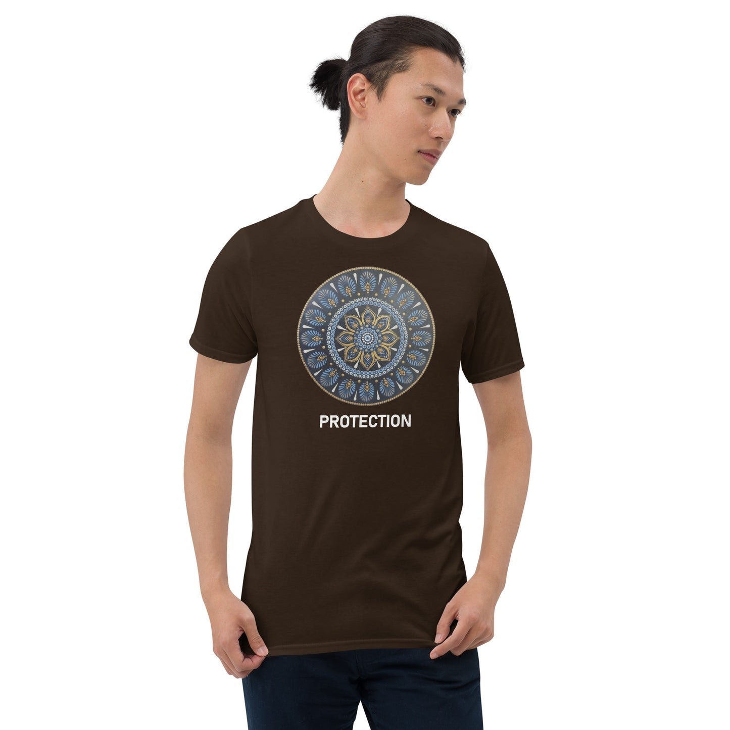 Unisex Softstyle T-Shirt (mandala with gold outer rim | on front | PROTECTION in white lettering)