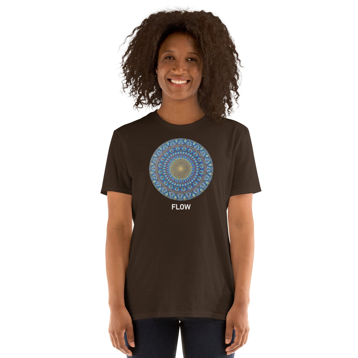 Unisex Softstyle T-Shirt (mandala with golden core | on front | FLOW in white lettering)