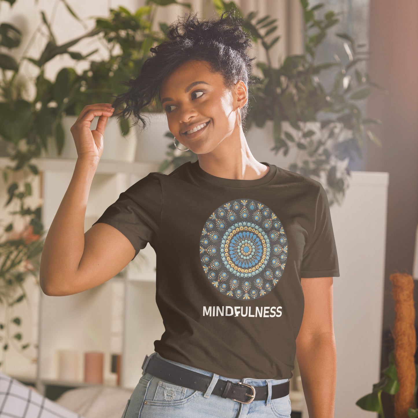 Unisex Softstyle T-Shirt (mandala with blue dots and black back | on front | MINDFULNESS in white lettering)