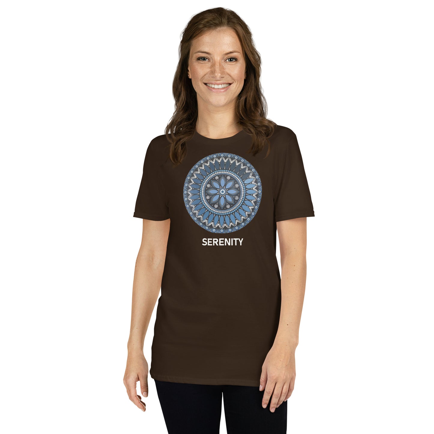 Unisex Softstyle T-Shirt (mandala with blue and white core | on front | SERENITY in white lettering)