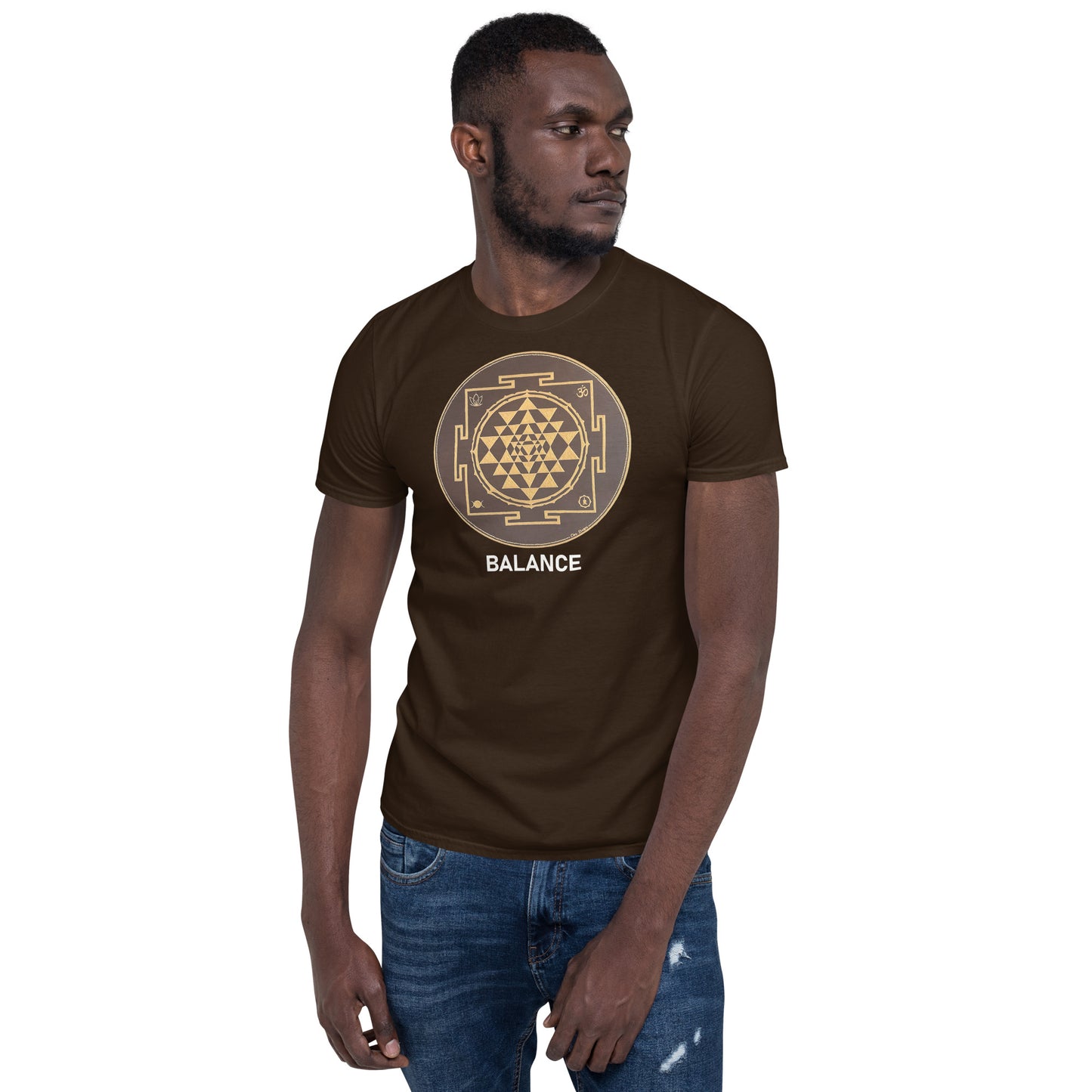 Unisex Softstyle T-Shirt (brown and gold mandala | on front | BALANCE in white lettering)
