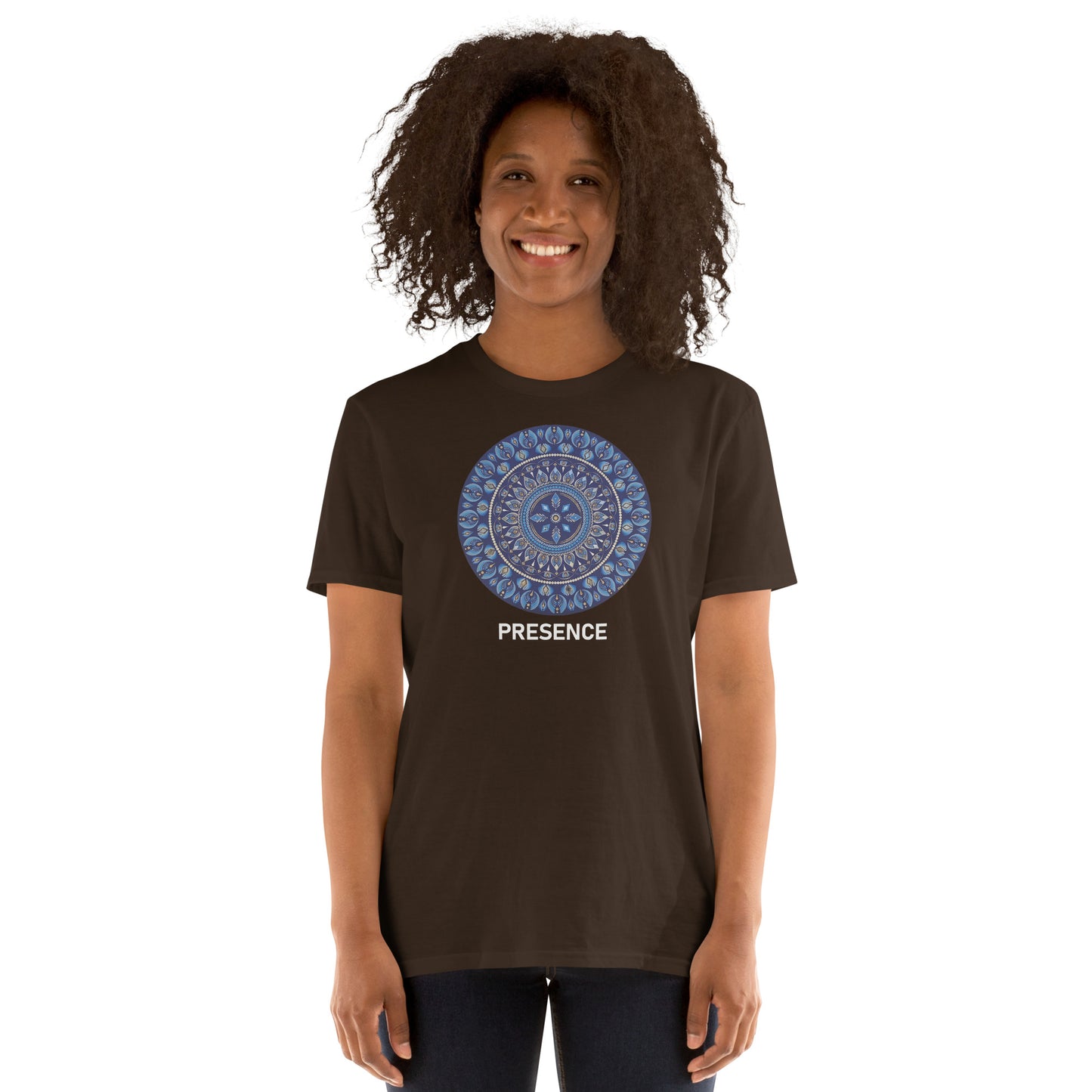 Unisex Softstyle T-Shirt (mandala with 4 diamonds | on front | PRESENCE in white lettering)