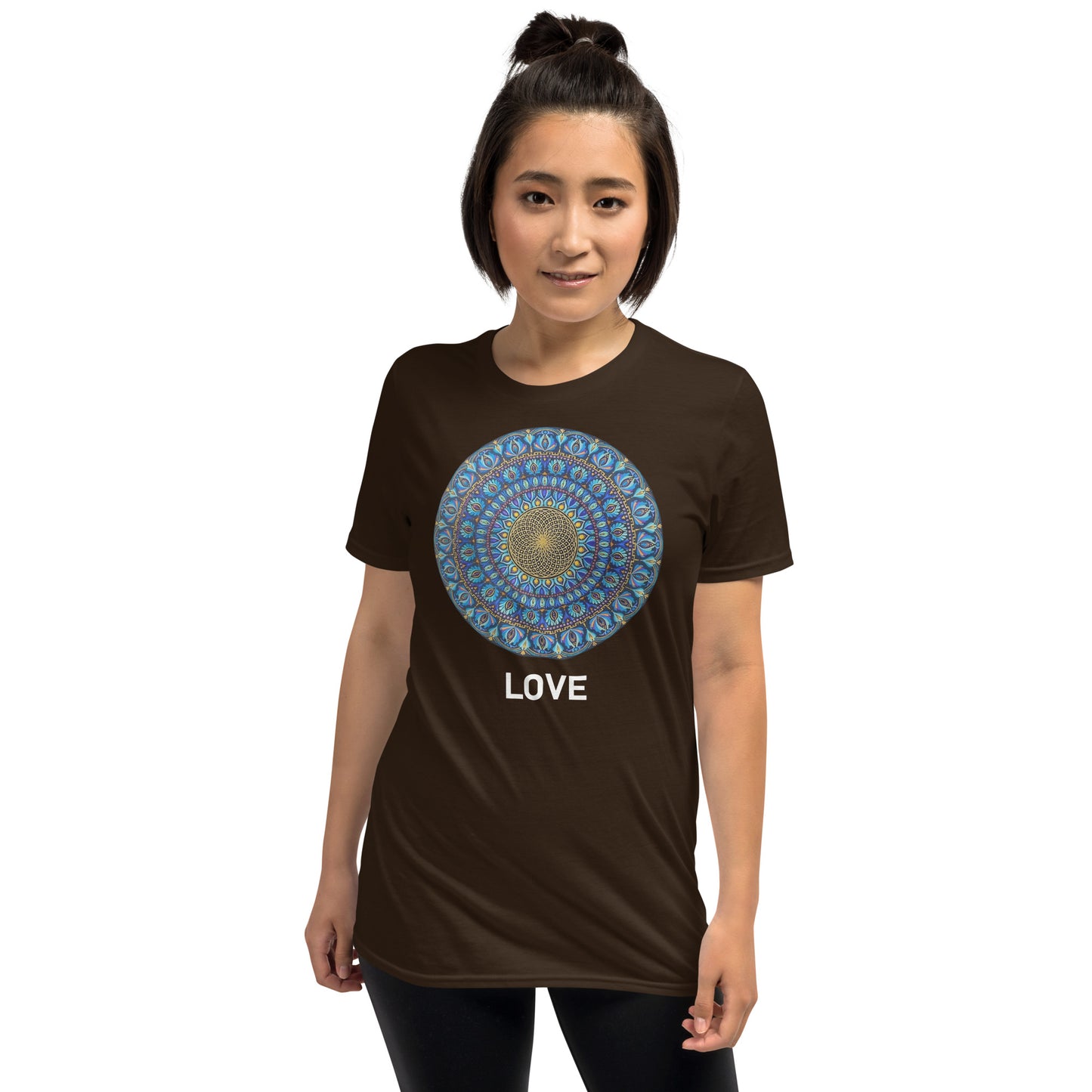 Unisex Softstyle T-Shirt (mandala with golden core | on front | LOVE in white lettering)