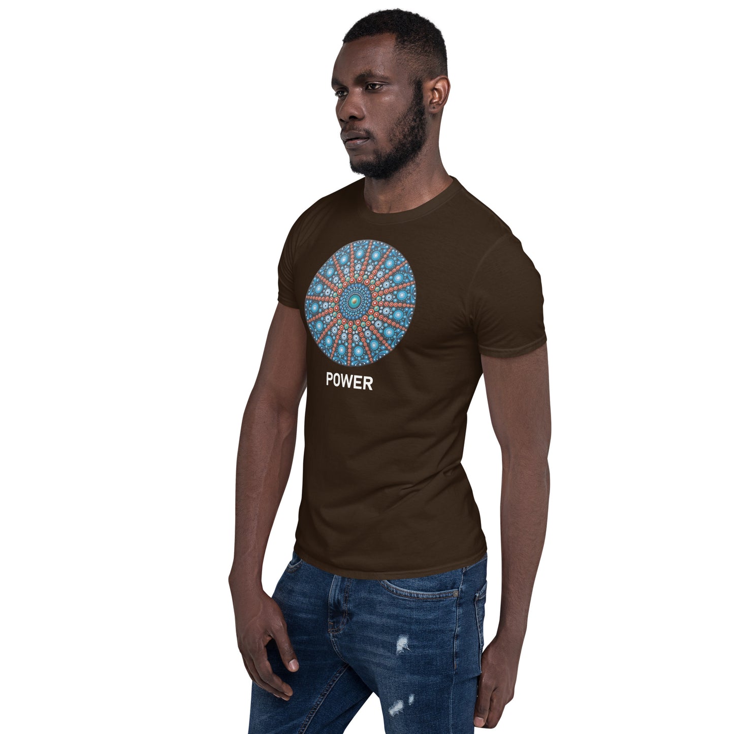Unisex Softstyle T-Shirt (mandala with red lines | on front | POWER in white lettering)