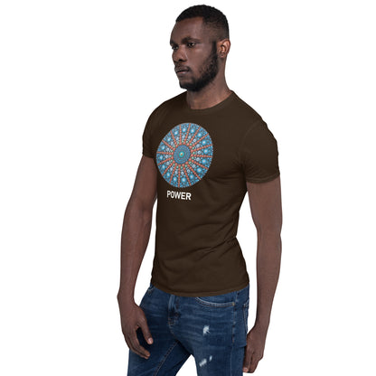 Unisex Softstyle T-Shirt (mandala with red lines | on front | POWER in white lettering)