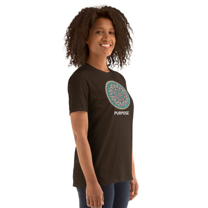 Unisex Softstyle T-Shirt (mandala with red core on front | PURPOSE in white lettering)