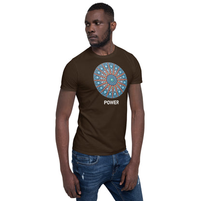 Unisex Softstyle T-Shirt (mandala with red lines | on front | POWER in white lettering)