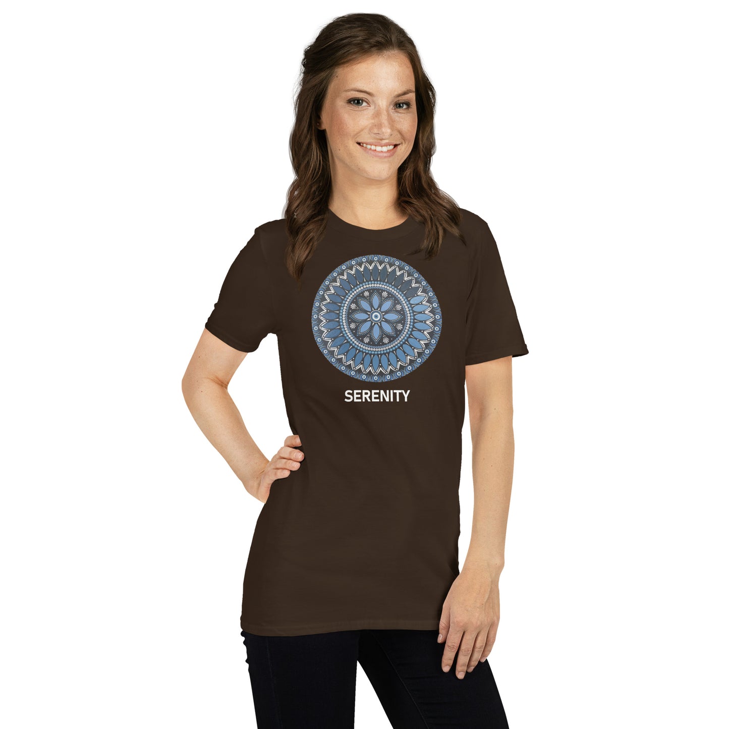 Unisex Softstyle T-Shirt (mandala with blue and white core | on front | SERENITY in white lettering)