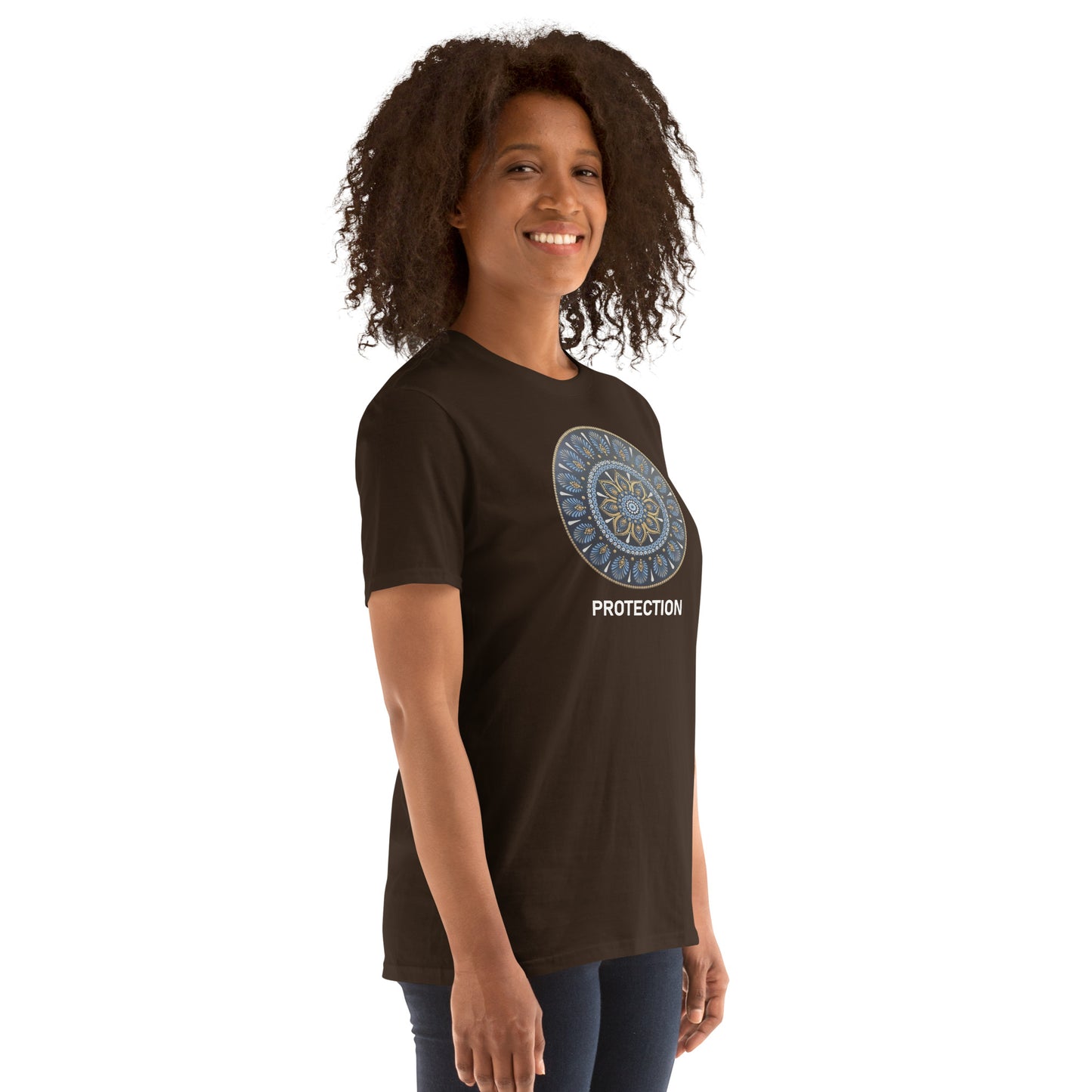 Unisex Softstyle T-Shirt (mandala with gold rim | on front | PROTECTION in white lettering)