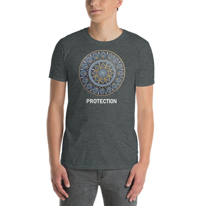 Unisex Softstyle T-Shirt (mandala with gold rim on front | PROTECTION in white lettering)