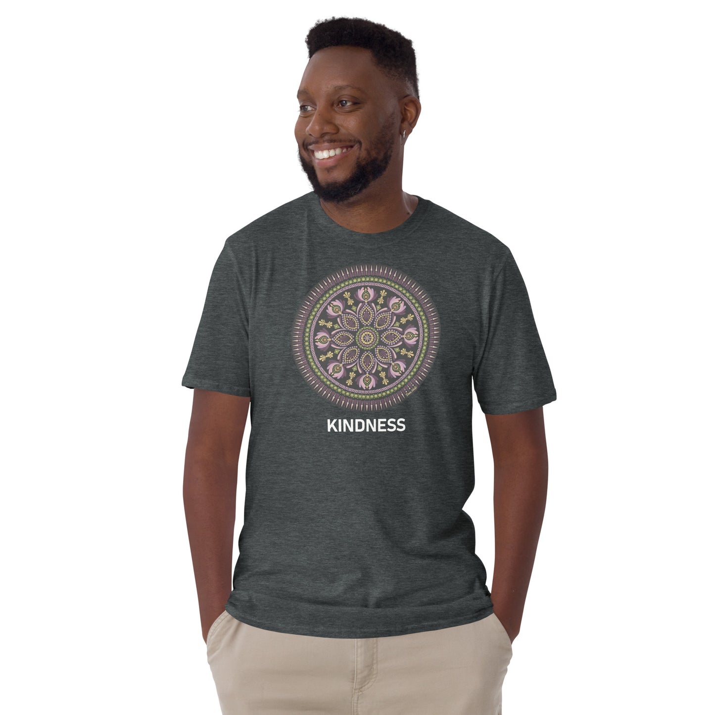 Unisex Softstyle T-Shirt (mandala with magenta rim on front | KINDNESS in white lettering)