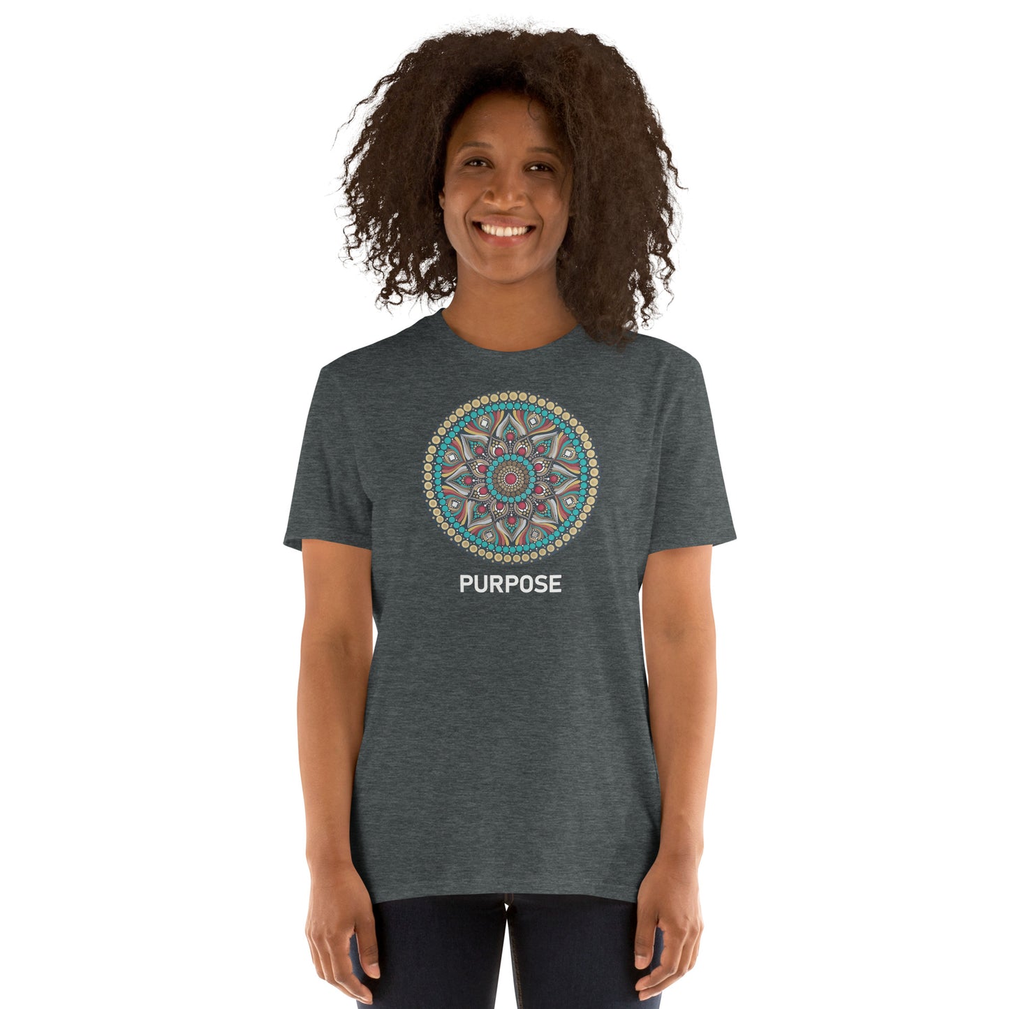 Unisex Softstyle T-Shirt (mandala with red core on front | PURPOSE in white lettering)