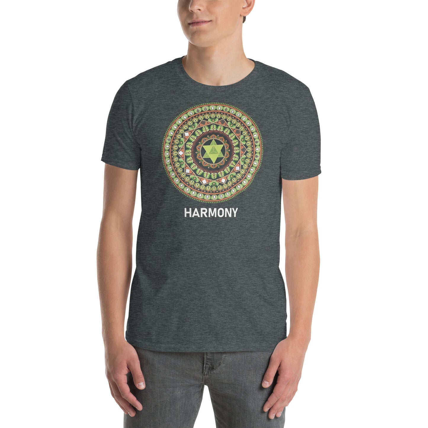 Unisex Softstyle T-Shirt (mandala with green star | on front | HARMONY in white lettering)