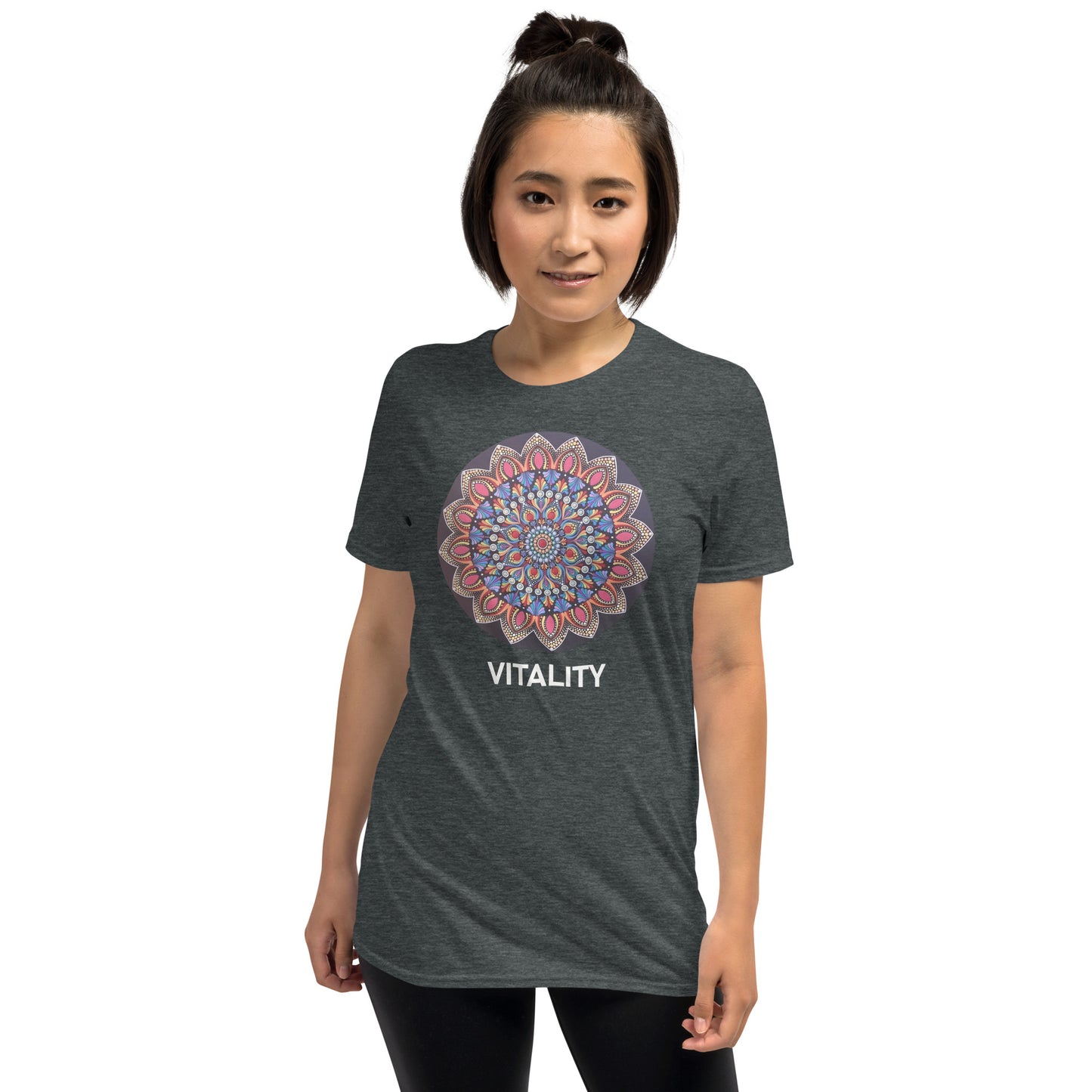 Unisex Softstyle T-Shirt (mandala with pink petals | on front | VITALITY in white lettering)