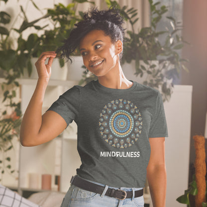 Unisex Softstyle T-Shirt (mandala with blue dots and black back | on front | MINDFULNESS in white lettering)