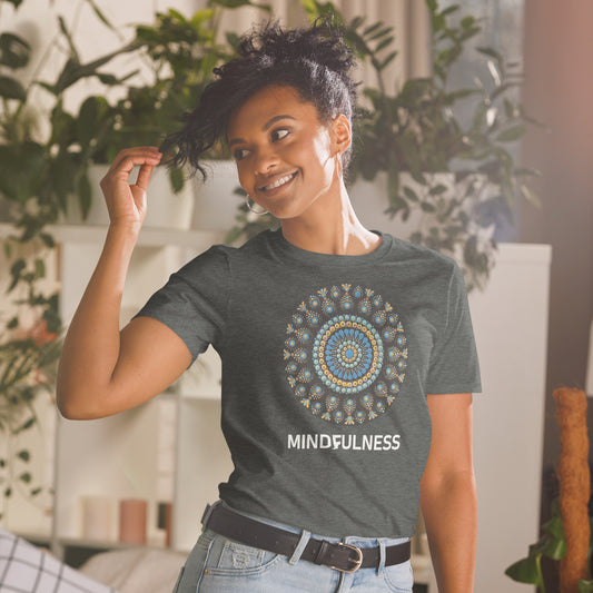 Unisex Softstyle T-Shirt (mandala with blue dots and black back | on front | MINDFULNESS in white lettering)