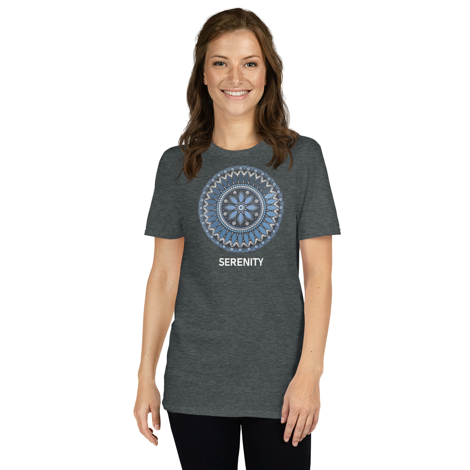 Unisex Softstyle T-Shirt (mandala with blue and white core | on front | SERENITY in white lettering)