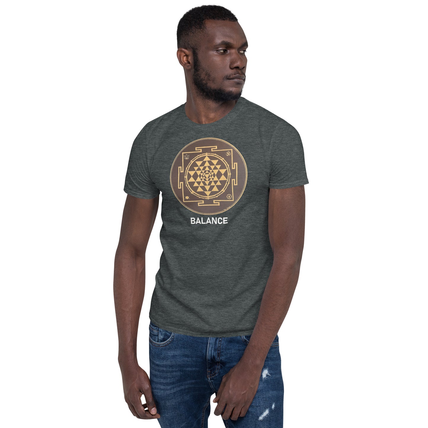 Unisex Softstyle T-Shirt (brown and gold mandala | on front | BALANCE in white lettering)