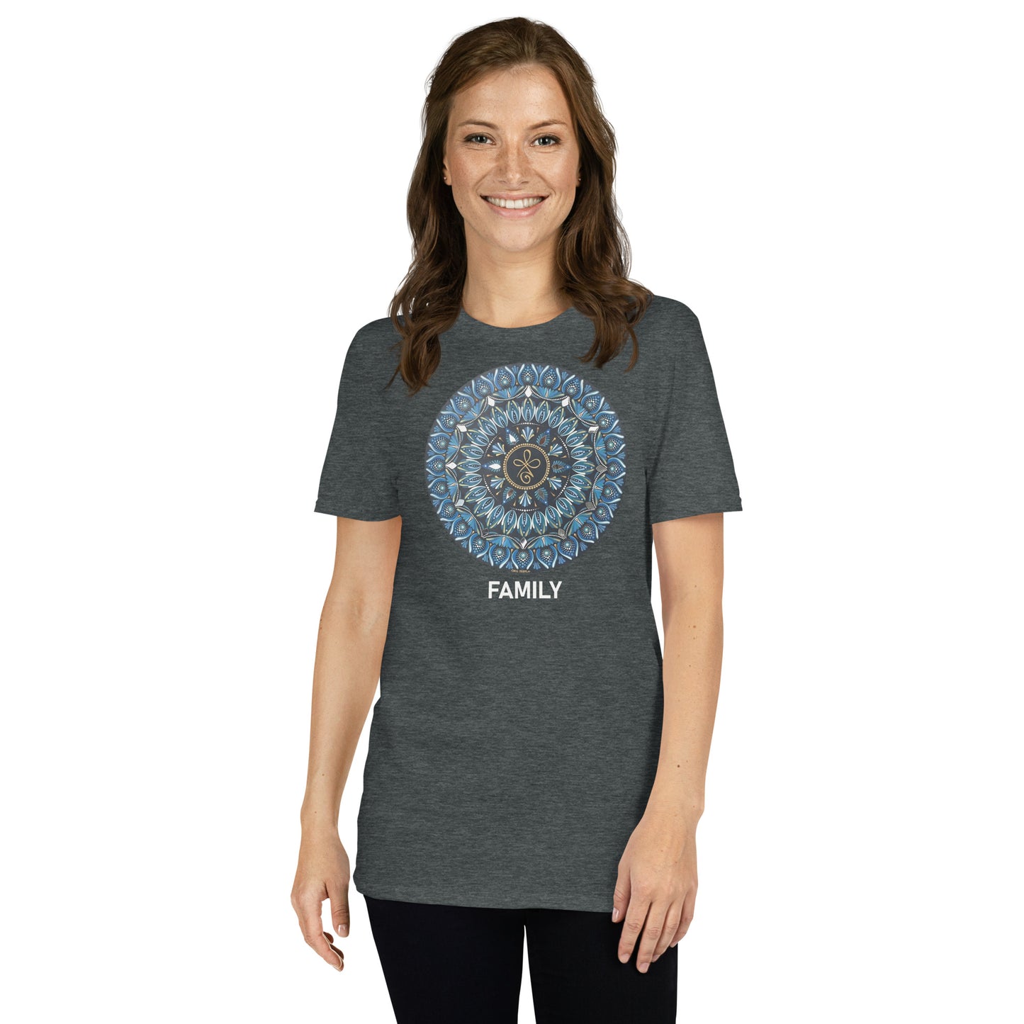 Unisex Softstyle T-Shirt (mandala with 3 loops in core | on front | FAMILY in white lettering)