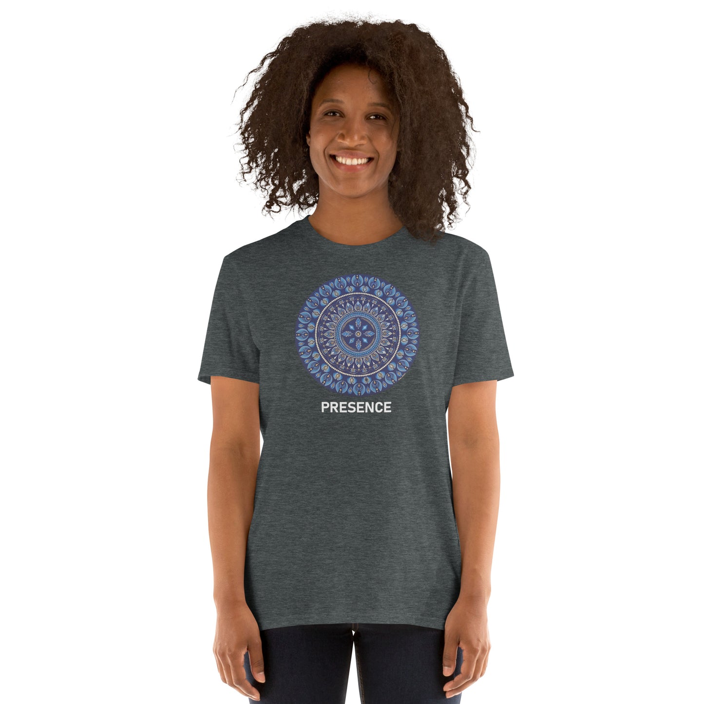 Unisex Softstyle T-Shirt (mandala with 4 diamonds | on front | PRESENCE in white lettering)